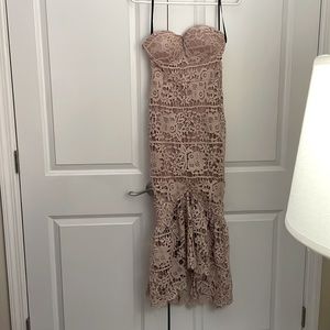 Missguided strapless lace fishtail cut midi dress in blush
